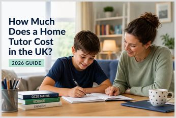 Home tutor helping a student with schoolwork at a table in a family home, illustrating the cost of private home tuition in the UK.