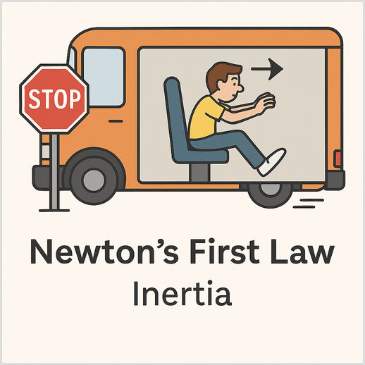 Newton’s First Law - Inertia Demonstrated in a Stopping Bus Illustration of Newton’s First Law of Motion showing a bus stopping at a sign and a passenger lurching forward due to inertia.