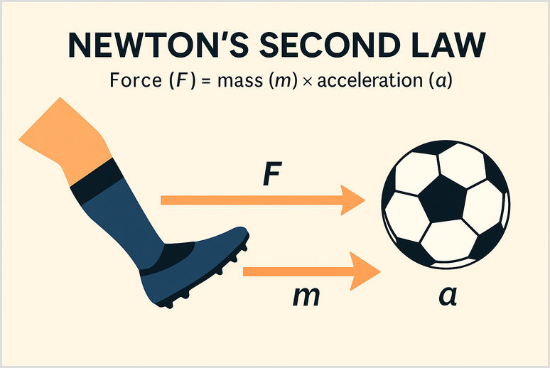 Newton’s Second Law - Force = Mass × Acceleration Illustration of Newton’s Second Law showing a football being kicked, with arrows representing force, mass, and acceleration.