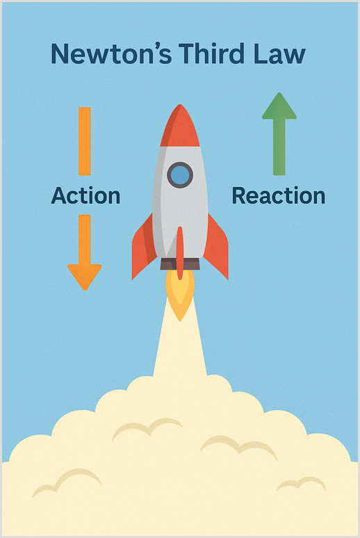 Newton’s Third Law - Action and Reaction Explained by a Rocket Launch Illustration of Newton’s Third Law showing a rocket launch with labelled arrows for action (downward exhaust) and reaction (upward lift).
