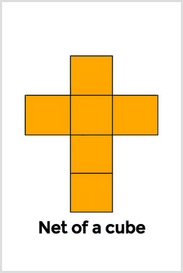 Net of a cube made from six orange squares Net of a cube showing six connected orange squares in a cross layout