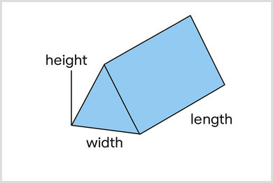 Triangular prism diagram showing height, width, and length for volume calculation Diagram of a triangular prism with dimensions labelled for height, width, and length