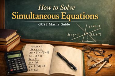 GCSE Maths guide cover showing how to solve simultaneous equations with algebra working and intersecting graphs on a classroom chalkboard.