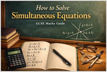 GCSE Maths guide cover showing how to solve simultaneous equations with algebra working and intersecting graphs on a classroom chalkboard.
