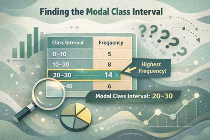 Illustration explaining how to find the modal class interval in a grouped frequency table by identifying the interval with the highest frequency.