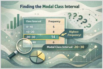 Illustration explaining how to find the modal class interval in a grouped frequency table by identifying the interval with the highest frequency.