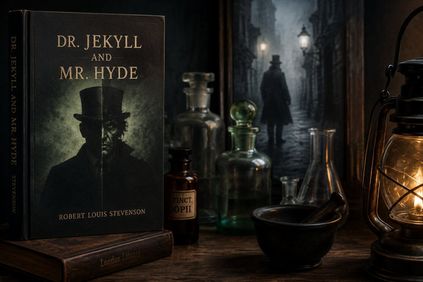 Victorian Dr Jekyll and Mr Hyde book beside scientific bottles and lantern in a dark gothic London setting