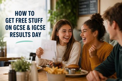 Students celebrating GCSE results day in a restaurant, smiling and holding results slip while enjoying food