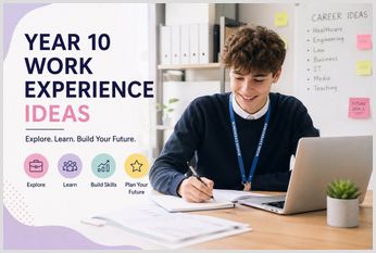 Student completing Year 10 work experience tasks at a desk with laptop and career planning notes in a modern office environment