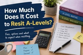 Student desk showing A-Level revision books, calculator and study notes alongside a cost breakdown for resitting A-Levels, illustrating exam fees, tuition costs and study expenses.