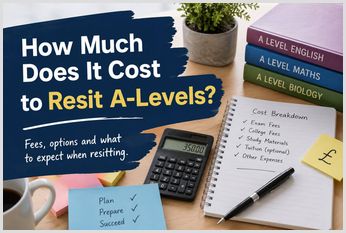Student desk showing A-Level revision books, calculator and study notes alongside a cost breakdown for resitting A-Levels, illustrating exam fees, tuition costs and study expenses.