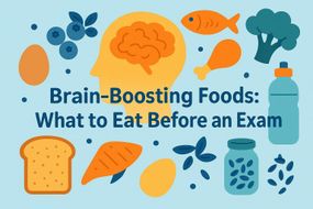 Illustration showing brain-boosting foods such as fish, eggs, bread, broccoli, berries, and water, with the title 