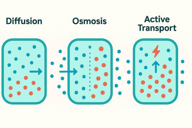 Illustrated diagram showing three key cell transport processes. The first panel shows diffusion with particles moving from a high concentration to a low concentration. The second panel shows osmosis with water moving across a partially permeable membrane toward a more concentrated solution. The third panel shows active transport with particles being moved against the concentration gradient using energy.