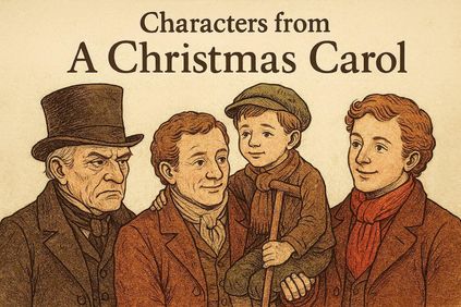 Vintage-style illustration showing key characters from A Christmas Carol: Scrooge, Bob Cratchit, Tiny Tim and Fred, standing together in traditional Victorian clothing.