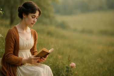 Young woman in a Regency-era dress reading a small book while seated in a sunlit meadow, soft golden light and calm, pastoral mood.