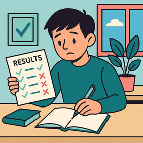 Illustration of a GCSE student reviewing a results sheet with ticks and crosses while revising at a desk, symbolising retaking GCSEs.