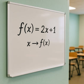 Whiteboard in a classroom showing “f(x) = 2x + 1”, with desks blurred in the background