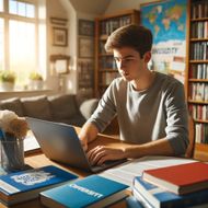 A student sitting at a desk surrounded by university prospectuses and a laptop displaying a UCAS tariff calculator.