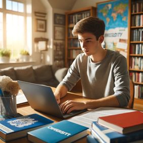 A student sitting at a desk surrounded by university prospectuses and a laptop displaying a UCAS tariff calculator.