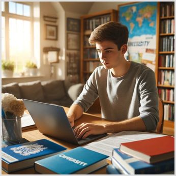 A student sitting at a desk surrounded by university prospectuses and a laptop displaying a UCAS tariff calculator.