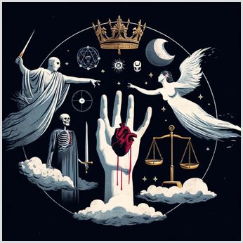 An illustration depicting the major themes in Macbeth, including a crown representing ambition, a ghostly figure symbolizing the supernatural, a blood-stained hand indicating guilt, and a balance scale reflecting order vs. disorder, set against a dark, stormy background.