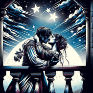 Romeo and Juliet expressing their love, symbolizing the theme of passionate romance in Shakespeare's play.