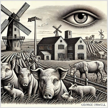 Symbolic Illustration of George Orwell's 'Animal Farm An artistic depiction of George Orwell's 'Animal Farm,' featuring a farm scene with a windmill, pigs symbolizing power, and other farm animals working in the background. The image captures the novel's themes of power, corruption, and dystopia.