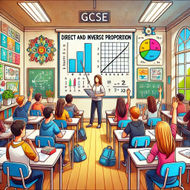 Diagram illustrating the concepts of direct and inverse proportion with a teacher explaining the concept by pointing to a whiteboard in a secondary-school classroom.