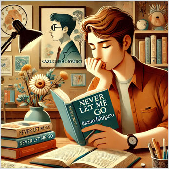 Student reading 'Never Let Me Go' A student reads Kazuo Ishiguro's novel 'Never Let Me Go,' exploring its deep themes.