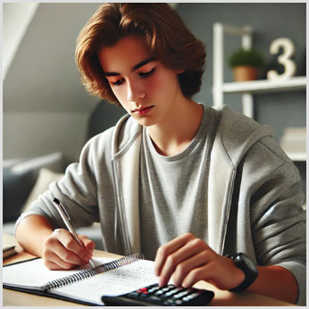 Teenager studying Standard Form for GCSE Maths Teenager studying at a desk with a notepad and calculator in a quiet home environment, focused on their work, with a clean and minimalistic background.