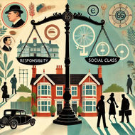Illustration of Themes in An Inspector Calls An image depicting the key themes of responsibility, social class, and gender in J.B. Priestley’s play 'An Inspector Calls,' featuring symbolic elements like a scale, a class divide, and gender equality symbols with shadowy figures representing the Inspector's influence.