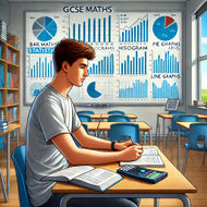 GCSE Maths student studying statistics in a classroom, focused on various statistical graphs and charts on a board, surrounded by study materials like textbooks and a calculator.