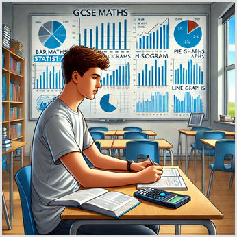 GCSE Maths student studying statistics in a classroom, focused on various statistical graphs and charts on a board, surrounded by study materials like textbooks and a calculator.