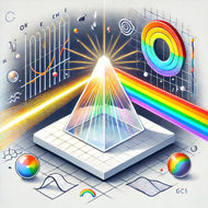 Illustration of a prism splitting white light into a rainbow, demonstrating the concept of light dispersion and the electromagnetic spectrum.