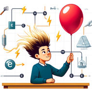Illustration of a student holding a balloon near their head, showing the effect of static electricity with hair standing up. The background includes a diagram representing the transfer of electric charges between objects with electrons and protons.