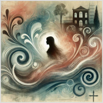 Abstract Depiction of Jane Eyre Themes: Love, Independence, and Mystery Abstract, stylized artwork representing themes from Jane Eyre, featuring swirling patterns of love, independence, and mystery. A silhouette of a woman is illuminated in the center, with a gothic building in the background and a subtle cross symbol in the lower corner, evoking themes of faith and personal struggle.
