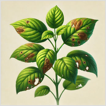 Illustration of a Plant with Leaf Disease and Brown Spots A close-up illustration of a plant with signs of disease, showing brown leaf spots and areas of discolouration, with a simple blurred background for emphasis.