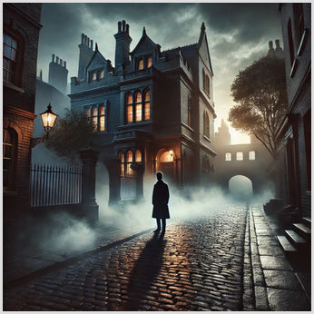 A dark Victorian-era street scene at dusk with realistic fog rolling through the cobblestone street. A silhouetted figure stands in the shadows, illuminated by a distant streetlamp casting a warm glow against the mist. The detailed architecture features gothic-style buildings with pointed roofs, large windows, and chimneys, creating an eerie, mysterious atmosphere. The street is flanked by iron fences and an archway leading to another part of the dimly lit cityscape.