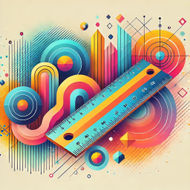 An abstract and colourful illustration showcasing a ruler with accurate centimetre and inch markings, surrounded by vibrant geometric shapes and patterns, representing the concept of units of measurement.