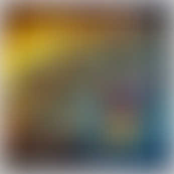 Abstract representation of transition metals for GCSE Chemistry, featuring metallic flowing shapes and glowing colourful orbs against a gradient background transitioning from deep blue to golden yellow.