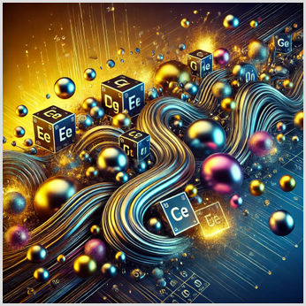 Abstract Image of Transition Metals Abstract representation of transition metals for GCSE Chemistry, featuring metallic flowing shapes and glowing colourful orbs against a gradient background transitioning from deep blue to golden yellow.