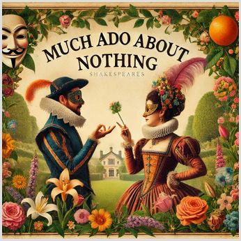 Romantic Garden Scene from Shakespeare's Much Ado About Nothing An artistic representation of Shakespeare's play Much Ado About Nothing, featuring an Elizabethan-era couple in a vibrant garden. The man offers a flower to the woman, both wearing elaborate masquerade masks. The background showcases a stately manor and elements of a masked ball, framed by colorful flowers and greenery.