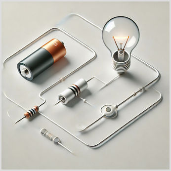 Simple Electric Circuit Illustration for GCSE Physics Illustration of a simple electric circuit featuring a battery, resistor, and bulb connected by wires in a clear loop, set against a white background.