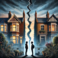 Blood Brothers Themes: A Visual Depiction of Social Inequality Symbolic representation of social inequality inspired by the themes of Blood Brothers. Two contrasting homes, a luxurious house on the left and a run-down terraced house on the right, are split by a jagged crack running vertically. In the foreground, two boys stand facing each other, silhouetted against a dramatic stormy sky.