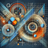 Abstract educational-themed image featuring overlapping circles, geometric shapes, and numerical patterns, symbolising mathematical concepts like Highest Common Factor (HCF) and Lowest Common Multiple (LCM).