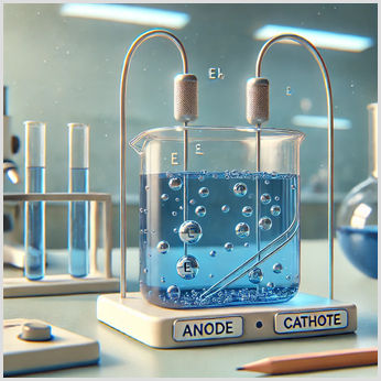 GCSE Chemistry Electrolysis - Electrolytic Cell Setup A visually engaging image of an electrolytic cell used in GCSE Chemistry. The setup features a beaker filled with a blue electrolyte solution, two labeled electrodes—'Anode' and 'Cathode'—with visible ion movement and gas bubbles forming at the electrodes. The background depicts a clean laboratory setting with test tubes and scientific equipment.