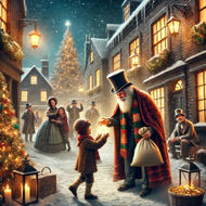 A Victorian Christmas Scene – Inspired by A Christmas Carol by Charles Dickens A Victorian Christmas scene inspired by A Christmas Carol, featuring a snowy cobblestone street with warm glowing lanterns and festive decorations. In the foreground, an elderly man resembling a transformed Ebenezer Scrooge joyfully hands a small bag to a child, symbolizing generosity. Behind them, townspeople celebrate near a decorated Christmas tree, embodying the spirit of togetherness and joy.
