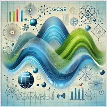 Abstract Illustration of Transverse Waves for GCSE Science Abstract cover image illustrating transverse waves with flowing blue and green wave patterns, accompanied by scientific symbols and diagrams in the background. The design is clean, modern and educational.