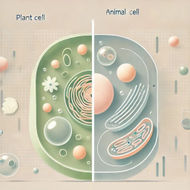 A minimalistic illustration of plant and animal cells. The left side shows a green plant cell with a distinct cell wall, visible organelles such as a large vacuole, chloroplasts, mitochondria, and a nucleus. The right side displays a rounded animal cell with a flexible membrane, mitochondria, cytoplasm, and a nucleus. The diagram is visually clear, using soft colors to differentiate the structures.