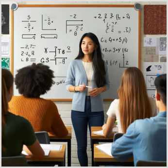 A tutor explaining a basic ratio problem on a whiteboard to diverse GCSE students in a classroom.